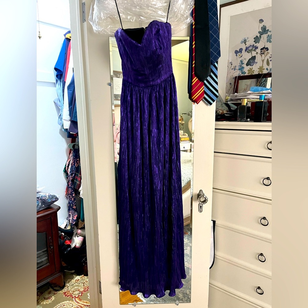 Purple strapless Mardi Gras evening dress